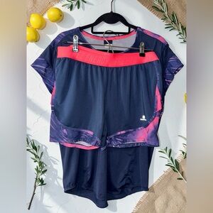 Decathlon Navy Performance Running Top and shorts set with Pink Accents.